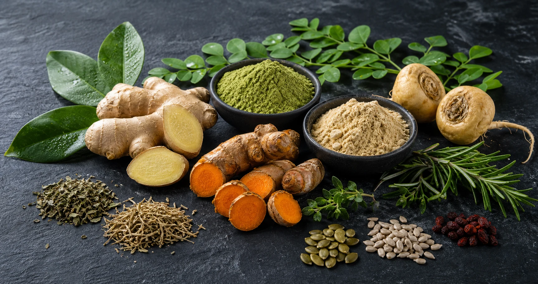 Jengibre, cúrcuma, hojas, raíces, semillas y polvos naturales